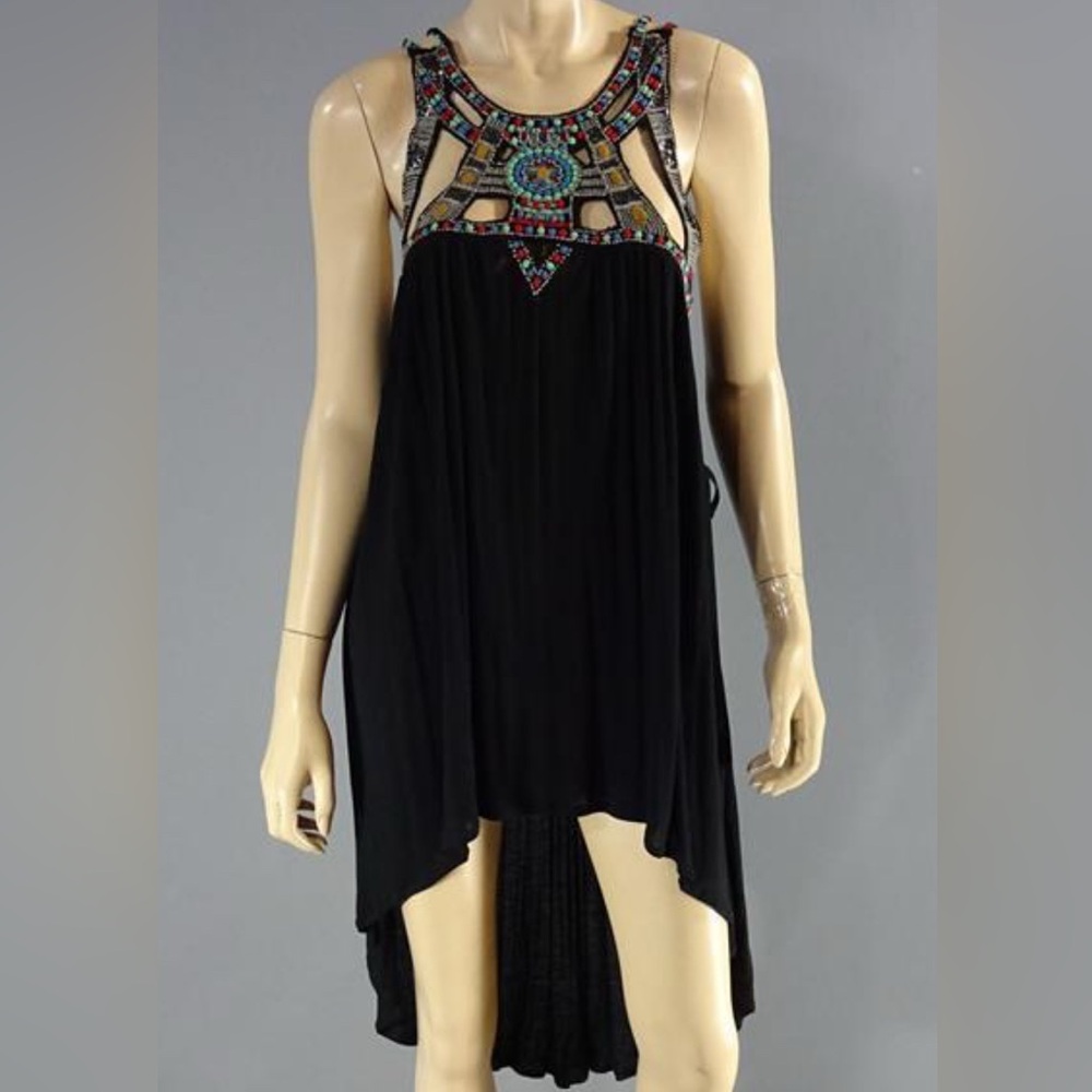 Free People Black Dress with Colorful Beaded Neckline
